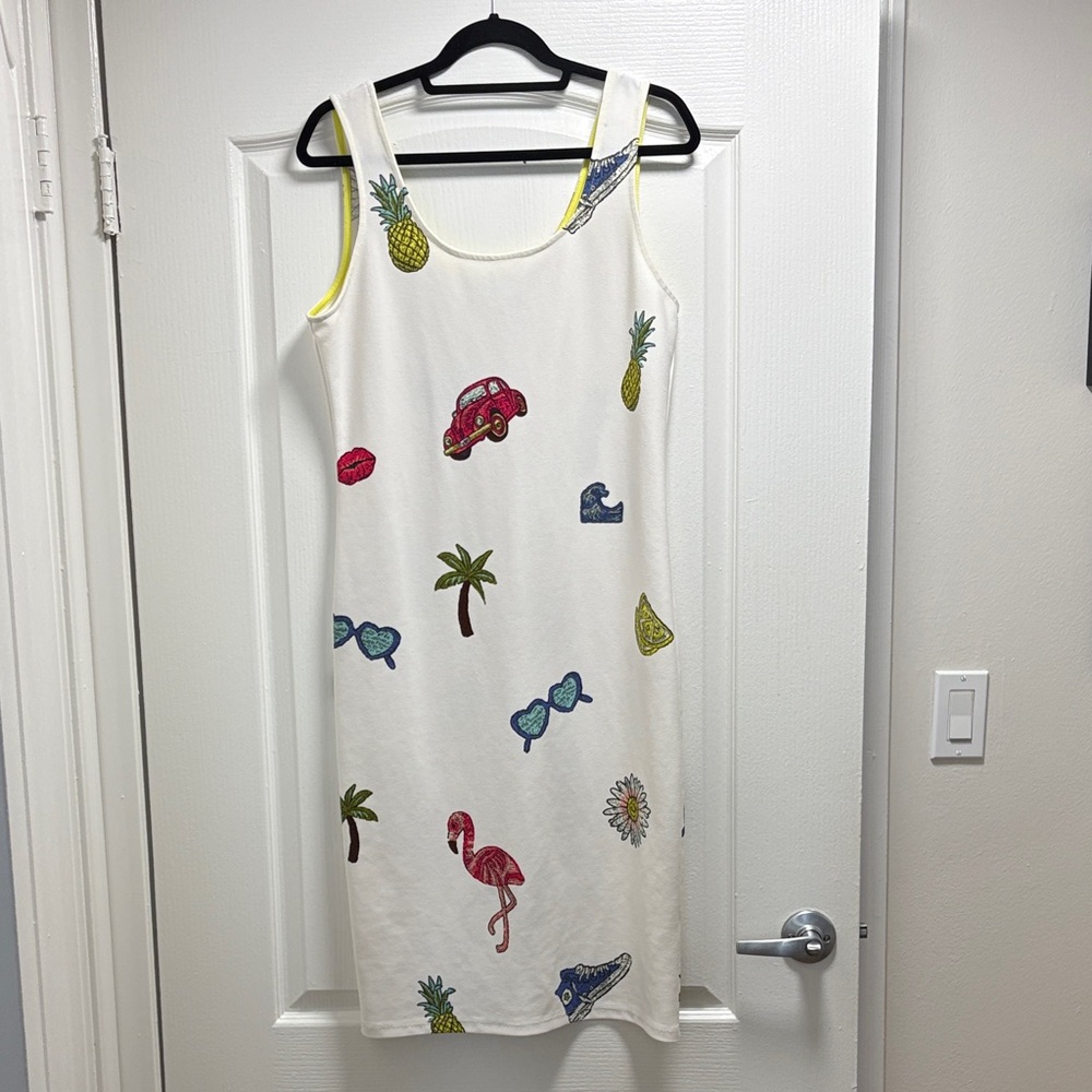 VTG Nicole Miller Studio Midi Tropical Palm Tree VW Bug Flamingo Retro Size 12